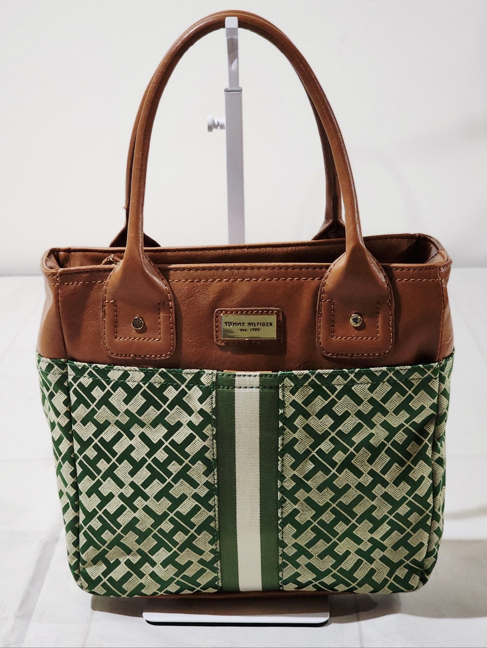Tommy Hilfiger Green and Cream Monogram Tote Handbag